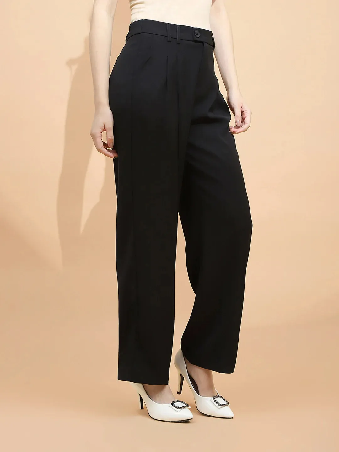 Black Polyester Blend Loose Fit Trouser For Women