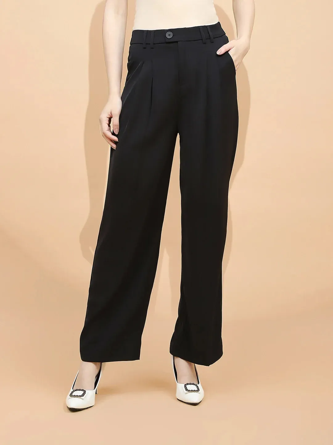 Black Polyester Blend Loose Fit Trouser For Women