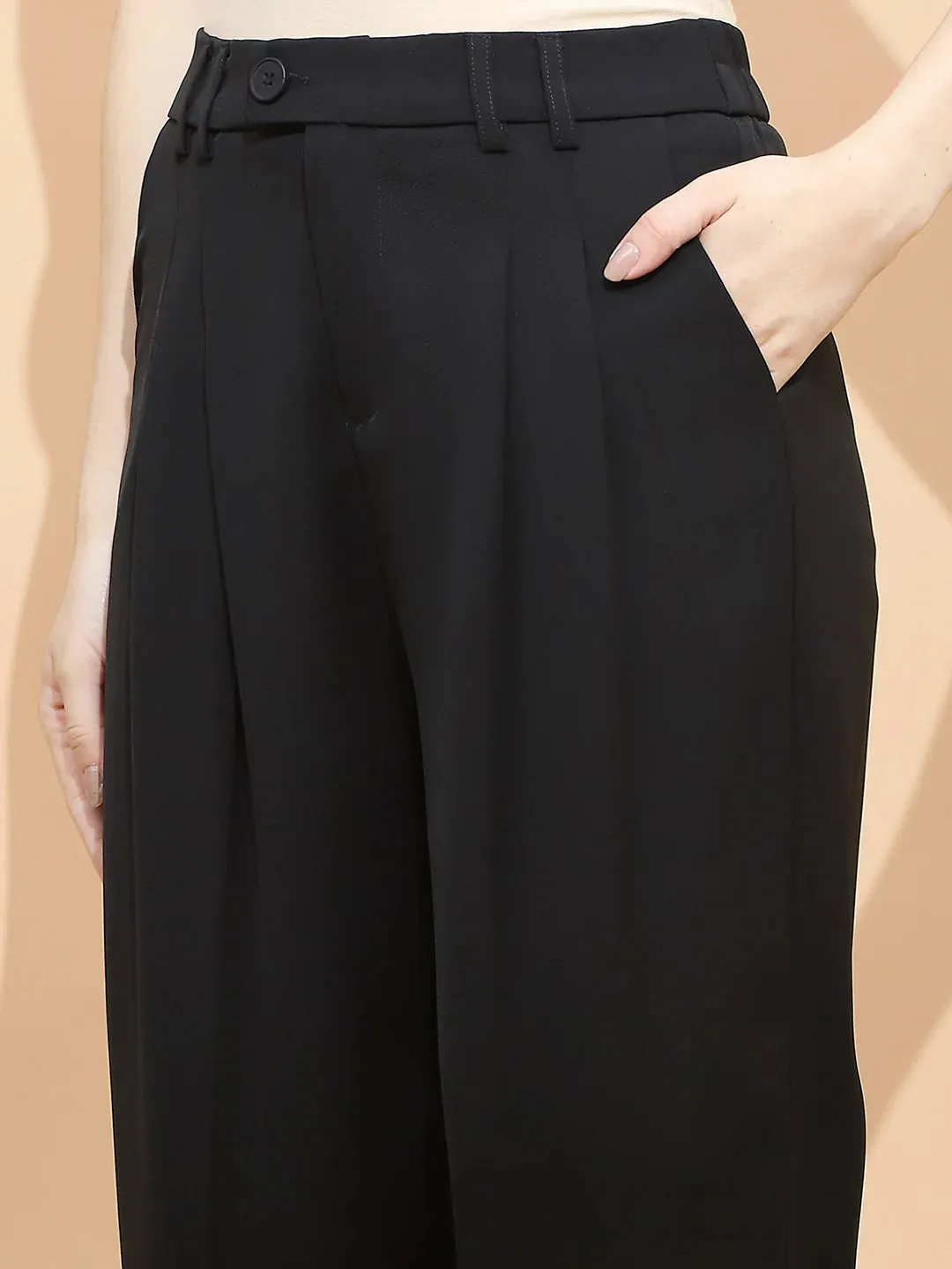 Black Polyester Blend Loose Fit Trouser For Women