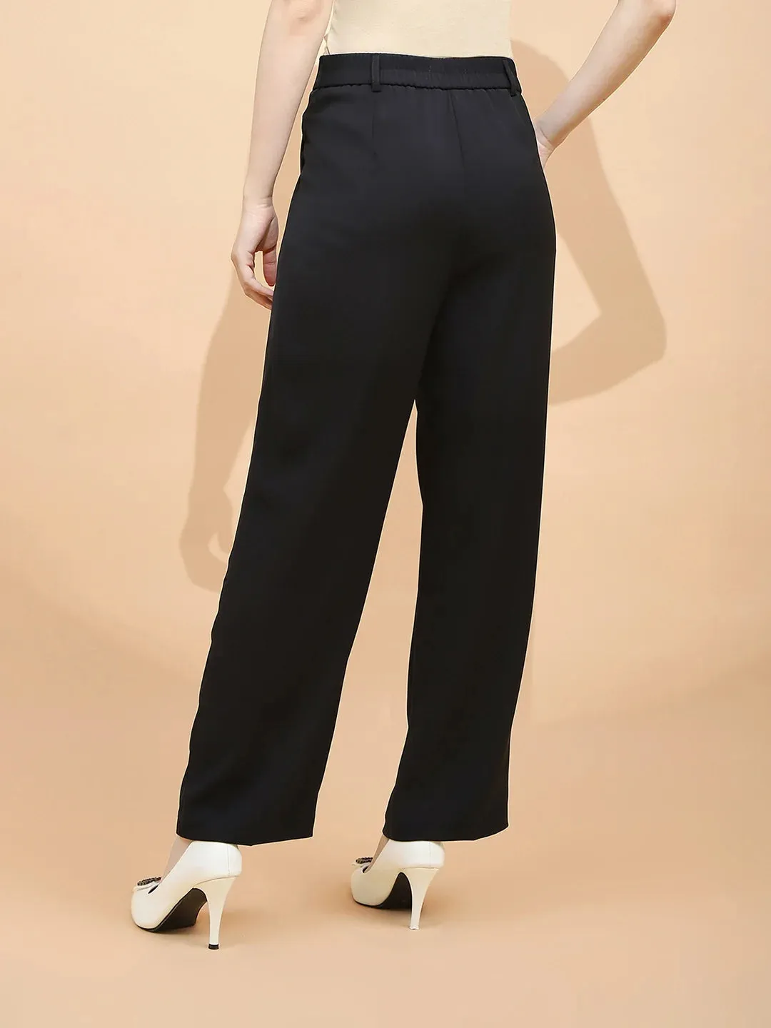 Black Polyester Blend Loose Fit Trouser For Women