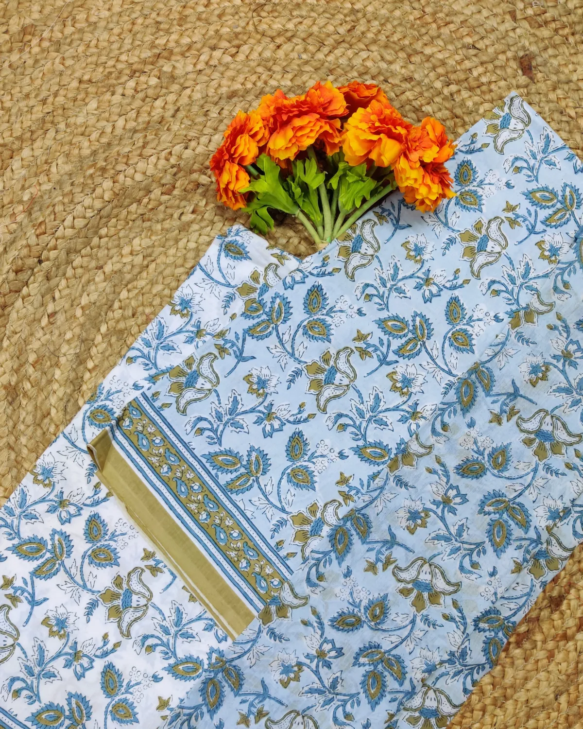 Blue and White Floral Printed Unstitched Cotton Suit Piece