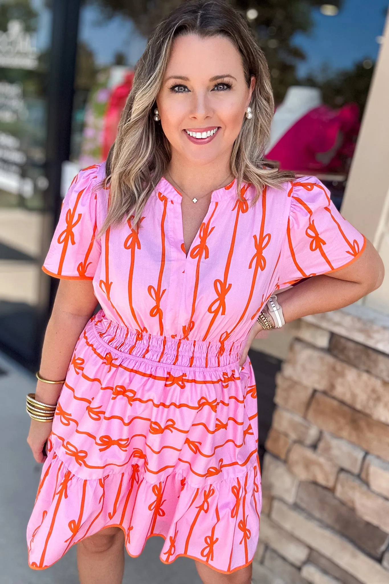 Bow Tastic Clinched Waist Dress - Bubble Pink