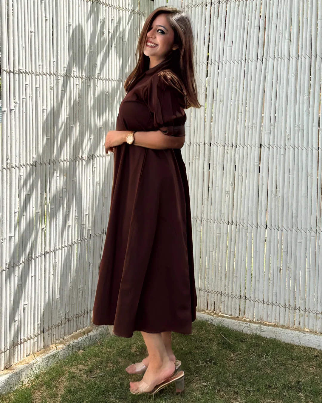 Brown Cotton A-line Dress