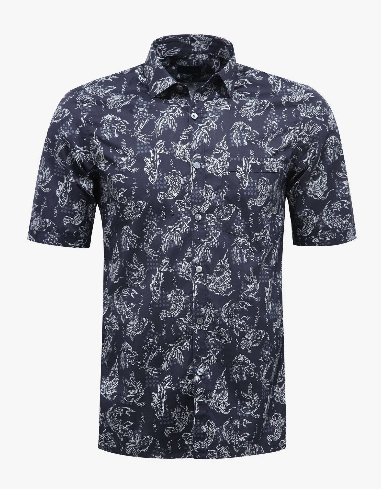 Dark Blue Koi Fish Print Short Sleeve Shirt