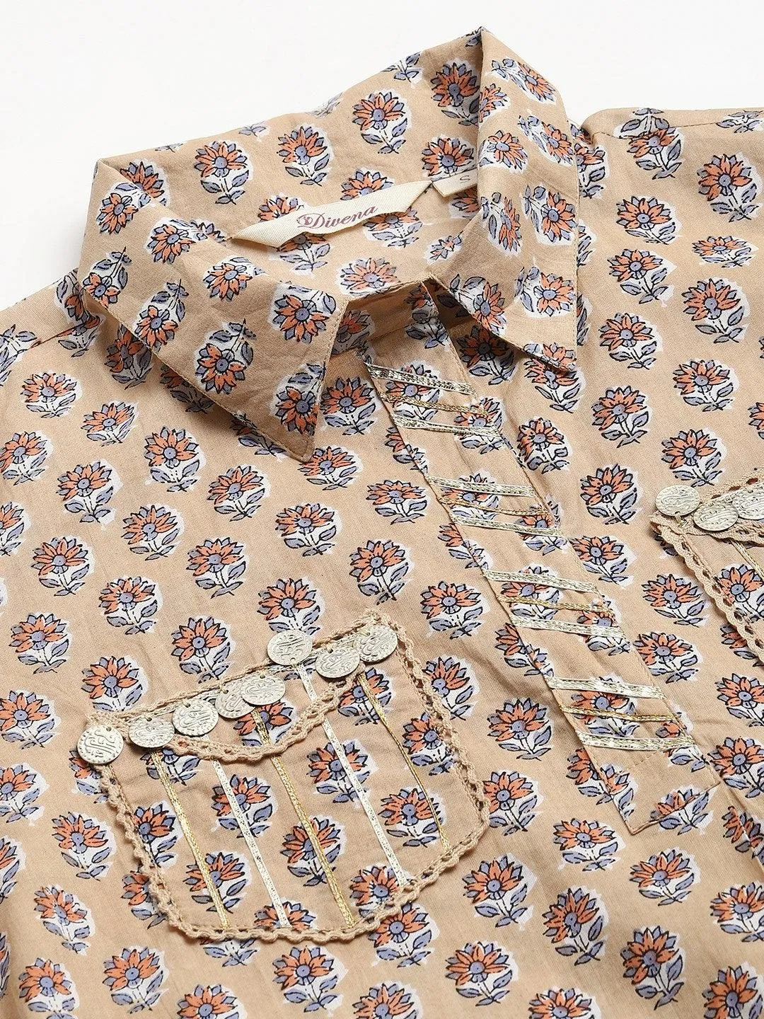 Divena Beige Cotton Shirt Style Kurta Hem Cuffed Pant Co-ord Set