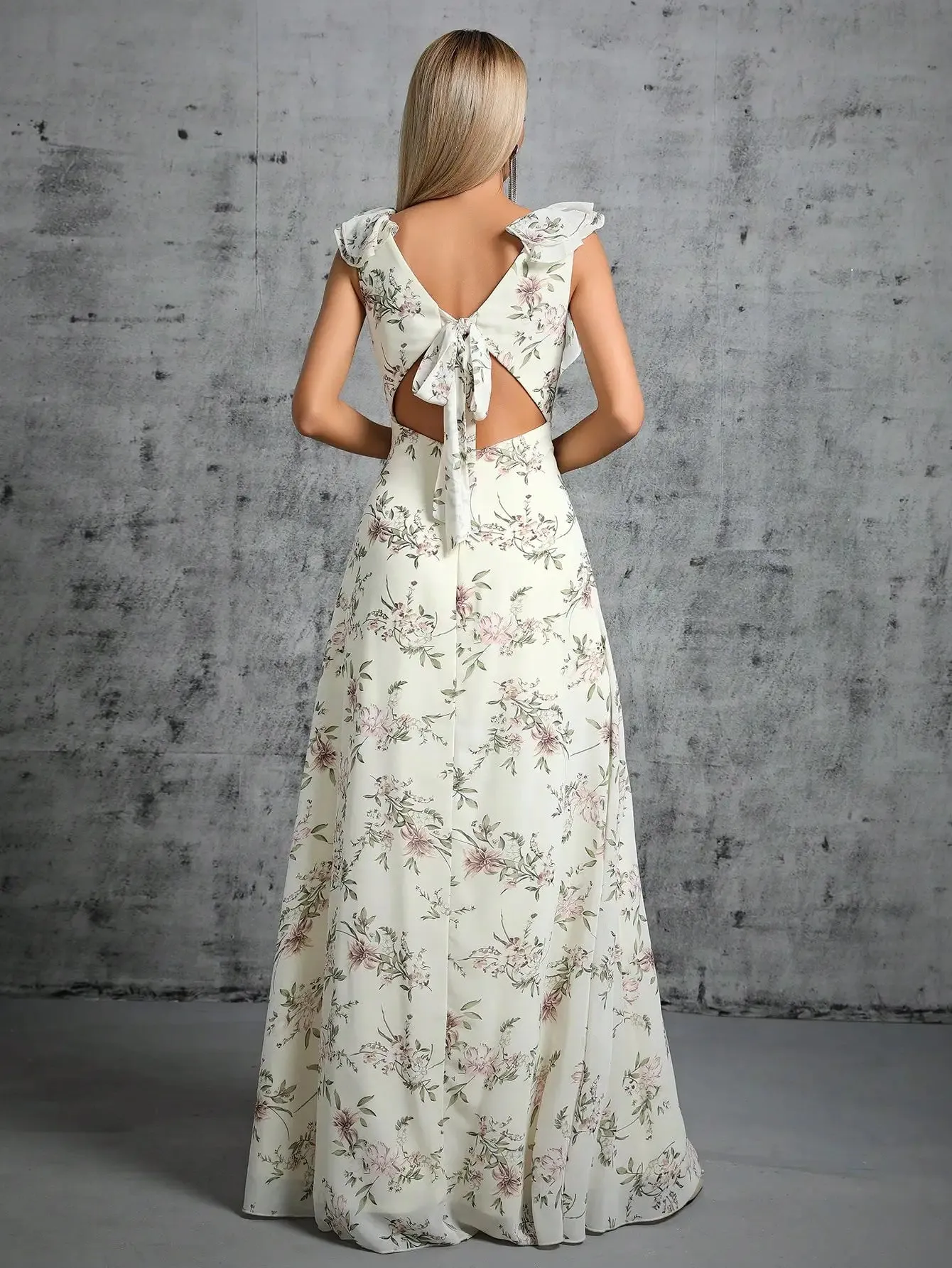Floral Printed Chiffon Pleating Ruffles Maxi Party Dress
