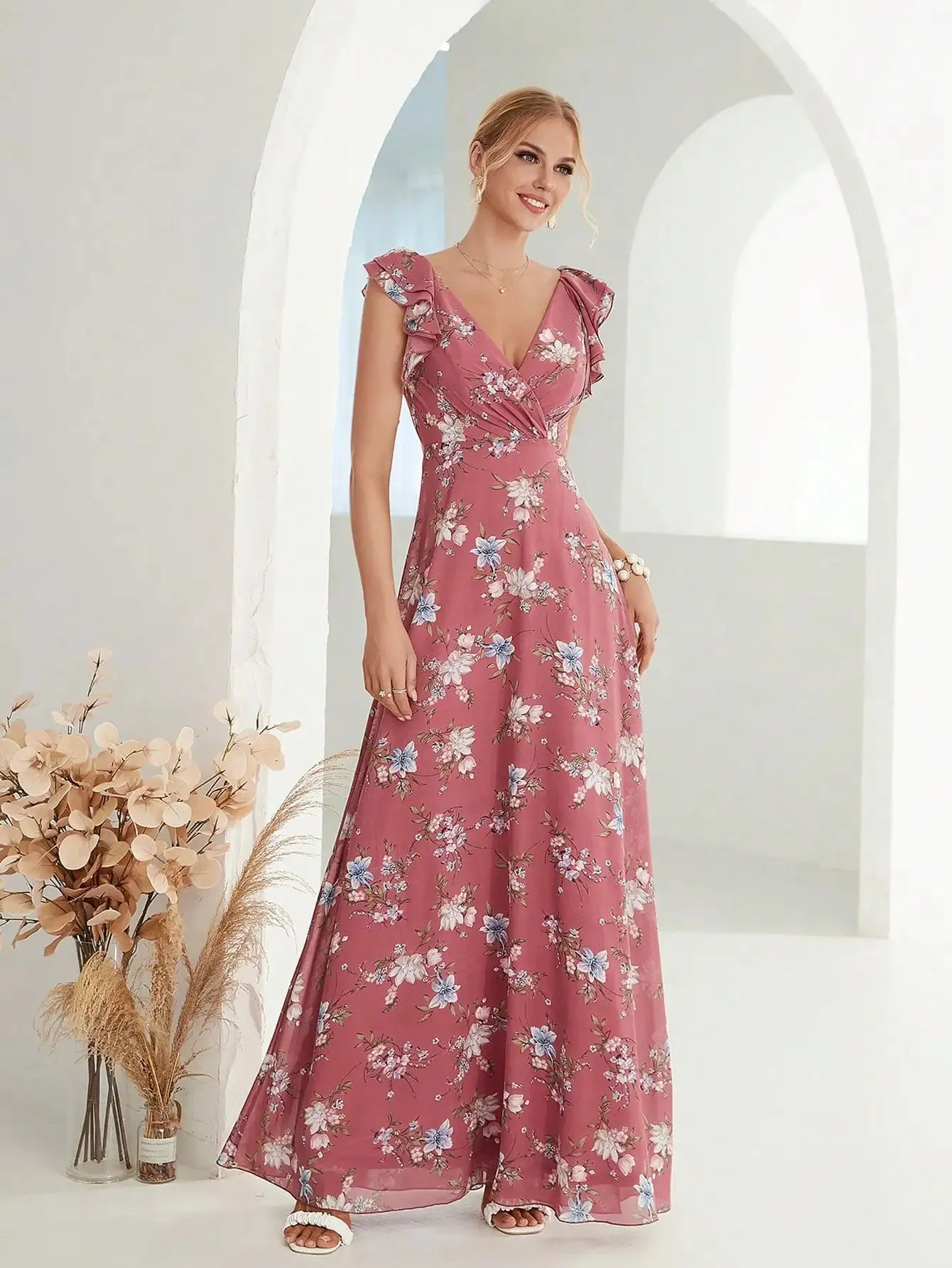 Floral Printed Chiffon Pleating Ruffles Maxi Party Dress