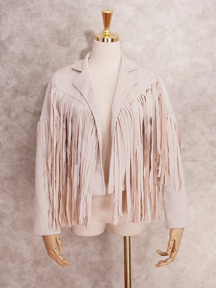 Fringe Faux Suede Jacket Women's Motorcycle Lapel Handsome Jacket Fall 2023 Ladies Solid Fringed Short Coat Women Jackets A2008