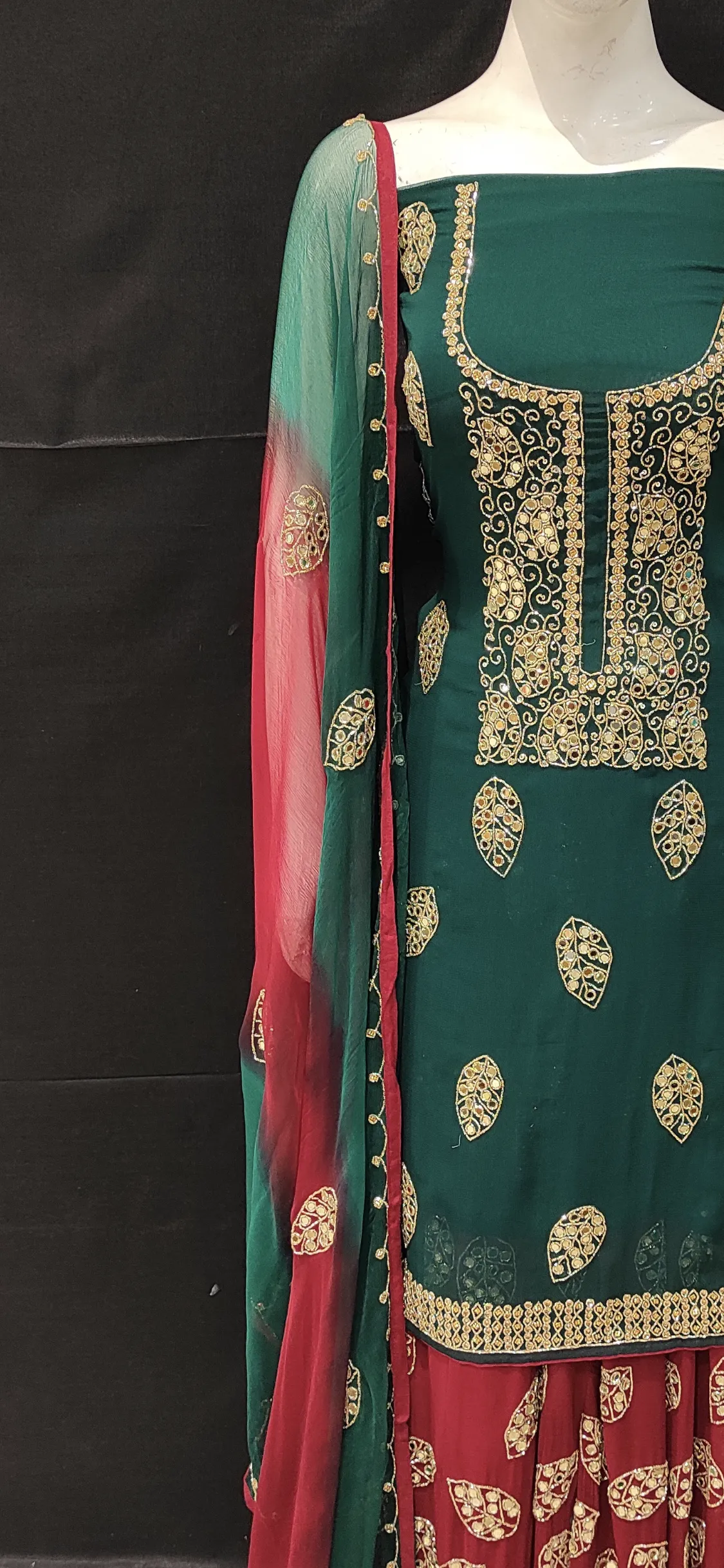Georgette Unstitched Suit with Hand Work,Cutdana and Mirror Work with Stitched Sharara