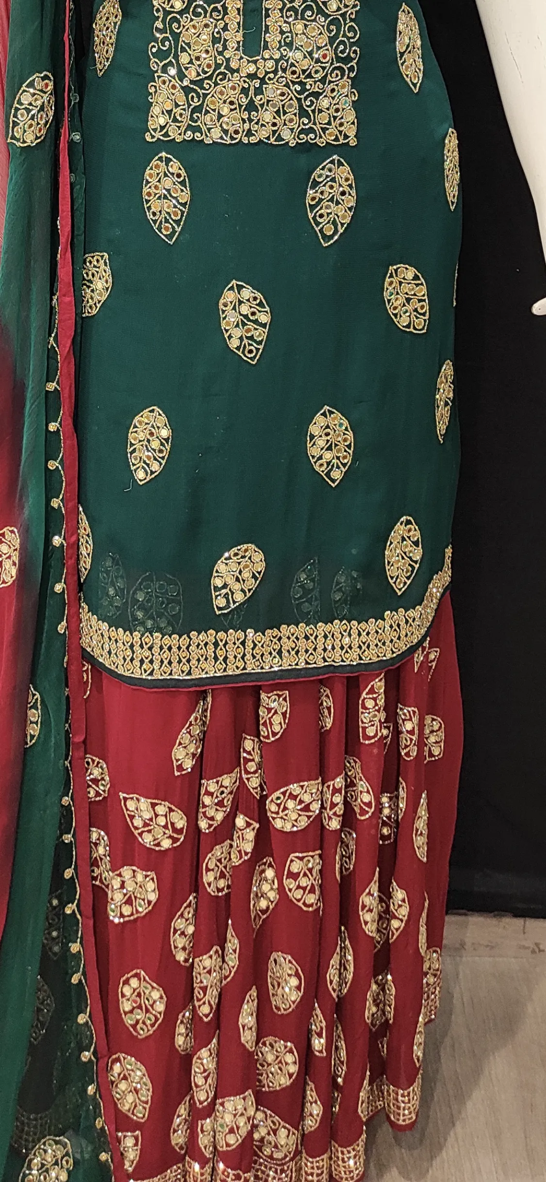 Georgette Unstitched Suit with Hand Work,Cutdana and Mirror Work with Stitched Sharara
