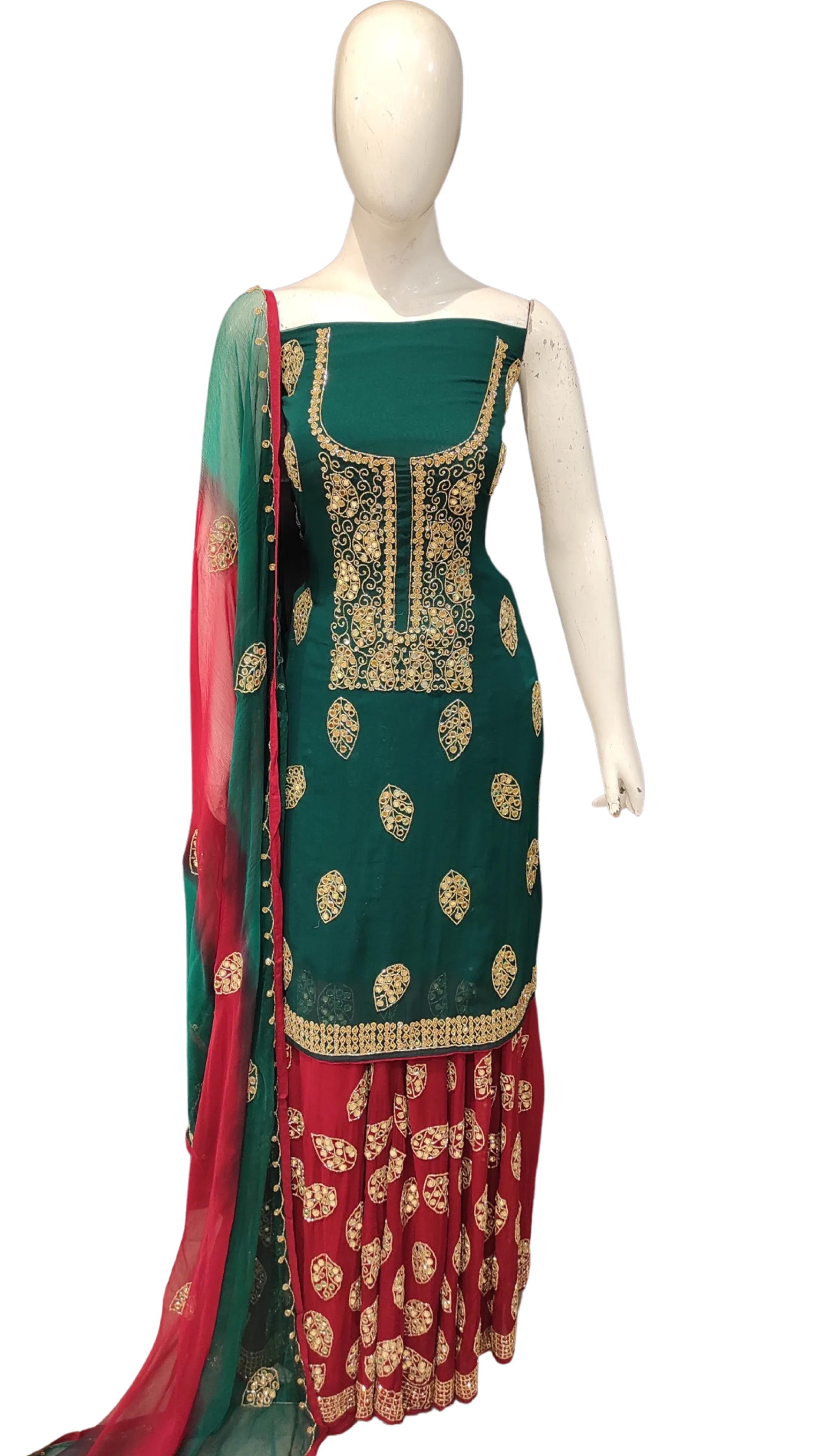 Georgette Unstitched Suit with Hand Work,Cutdana and Mirror Work with Stitched Sharara