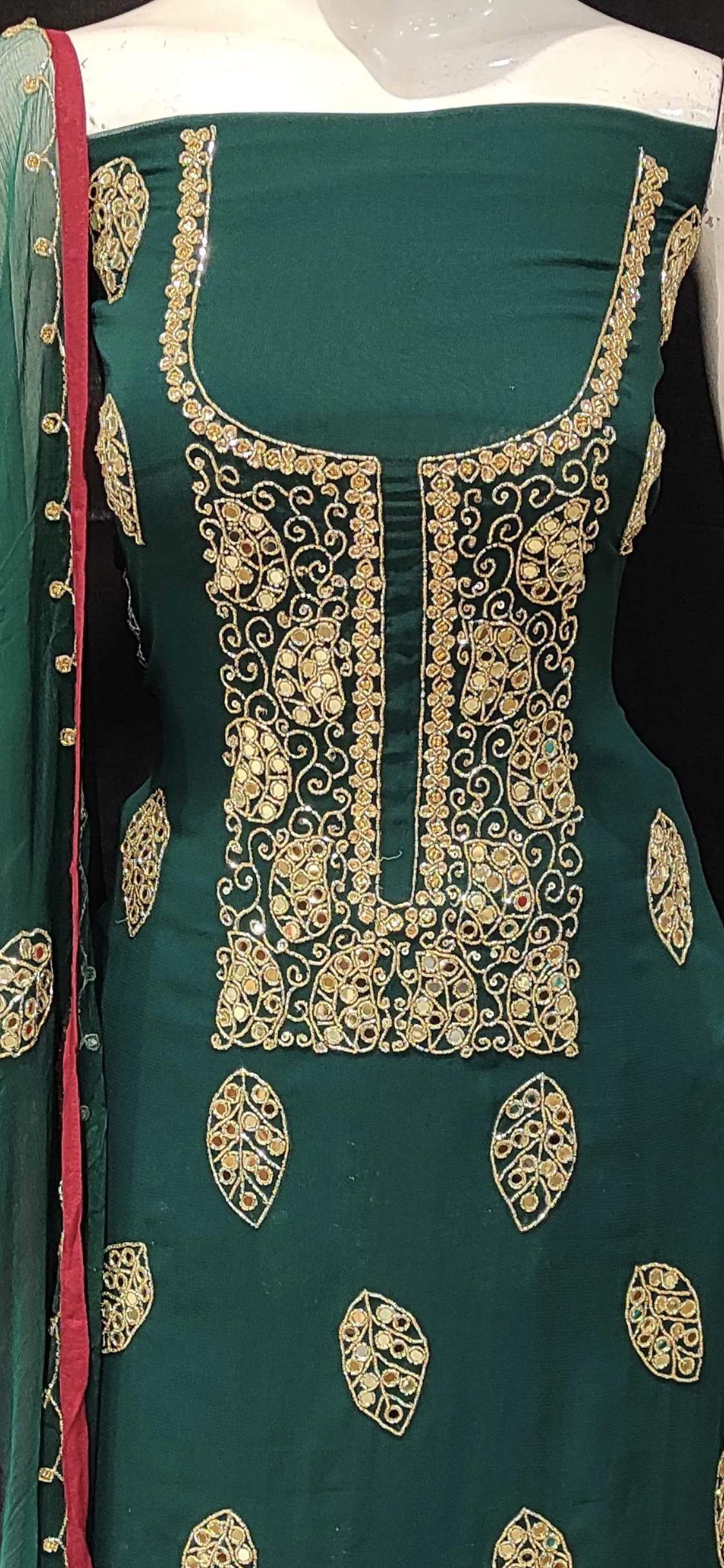 Georgette Unstitched Suit with Hand Work,Cutdana and Mirror Work with Stitched Sharara
