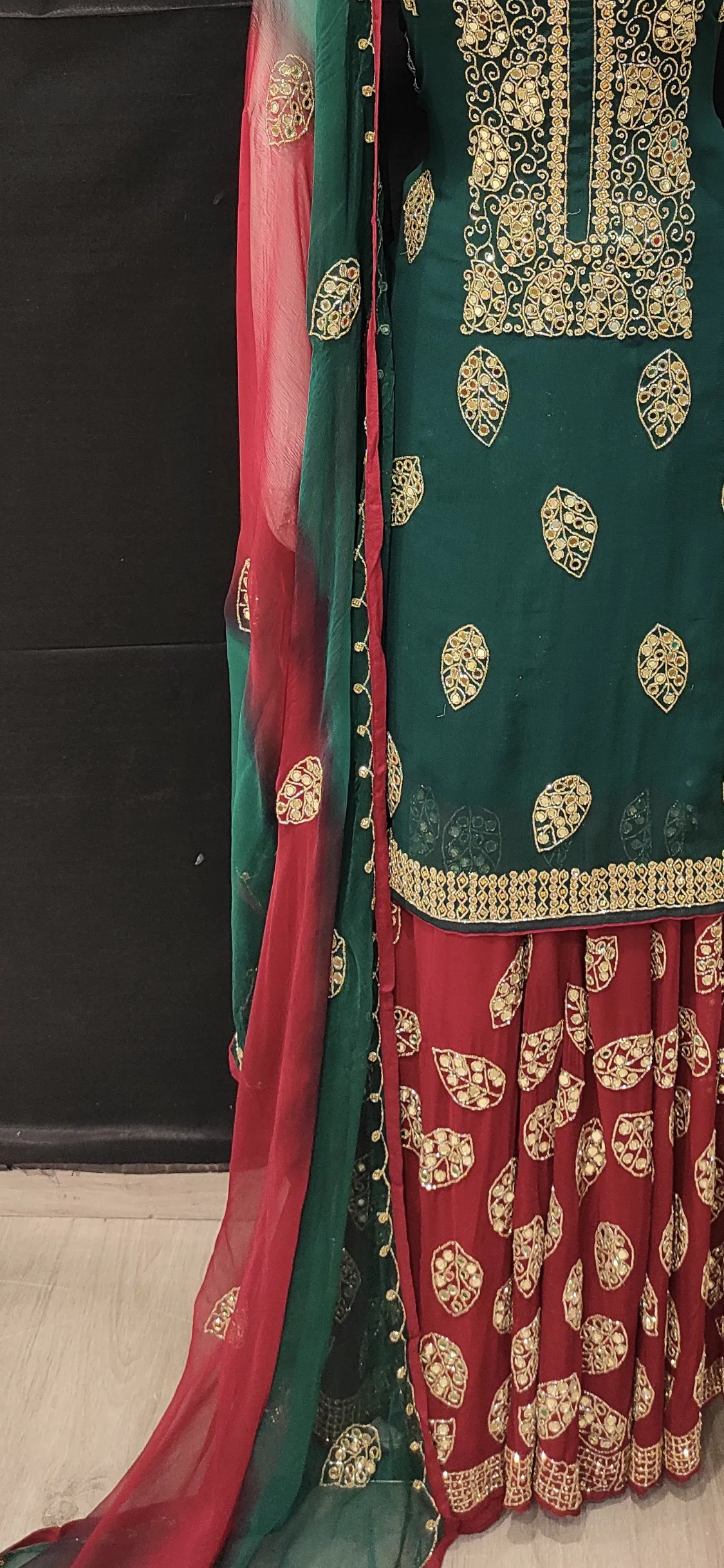 Georgette Unstitched Suit with Hand Work,Cutdana and Mirror Work with Stitched Sharara