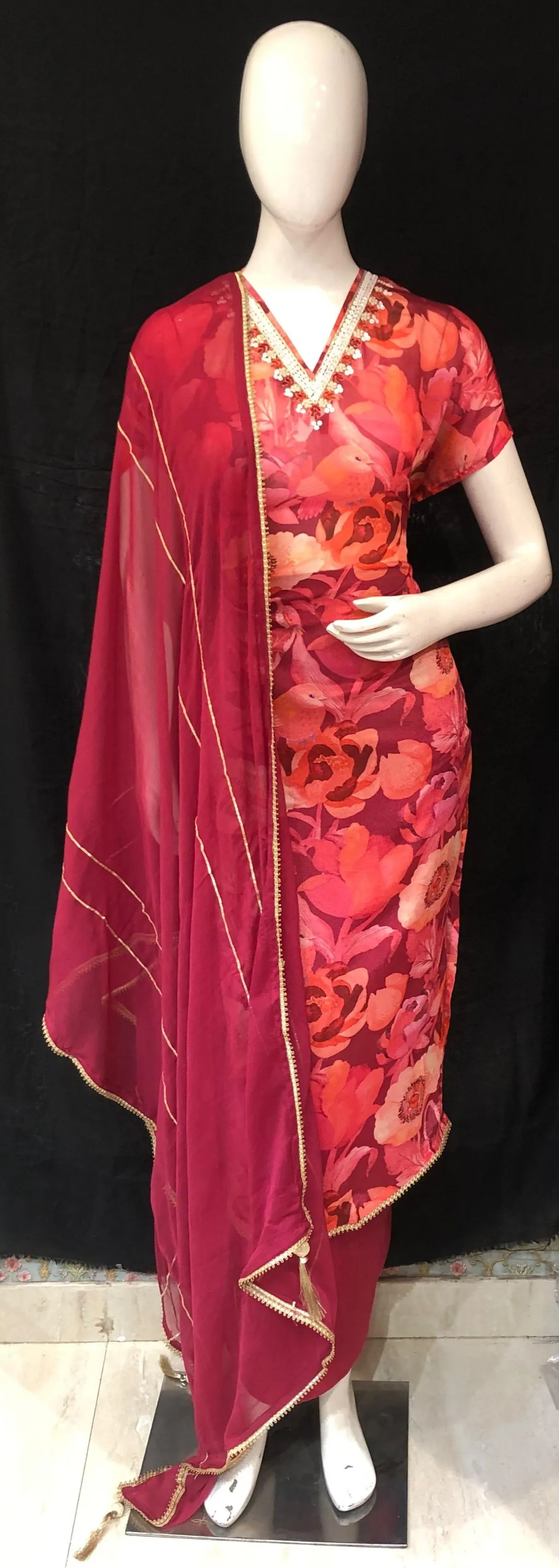 Maroon Chinon Crape Semi-Stitch Suit With Hand Embroidery