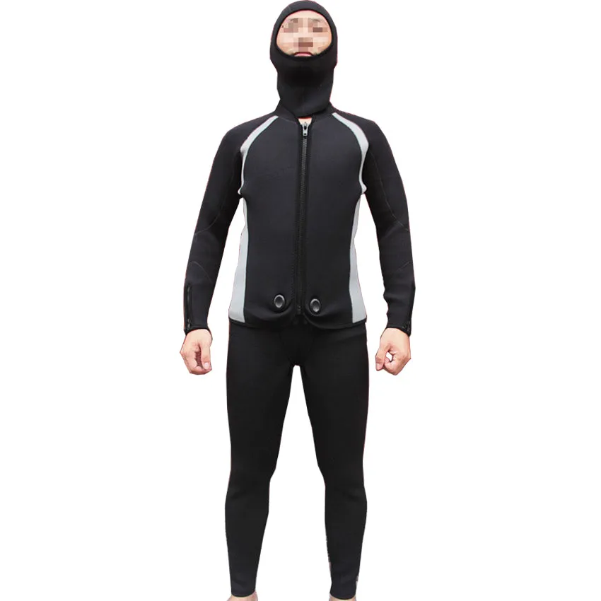 Neoprene fishing suits set SCUBA diving spearfishing wetsuit with 5mm neoprene pants jacket hood 3 in 1 set popular selling
