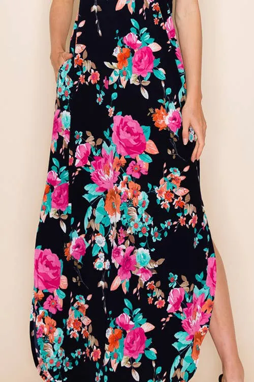 PLUS FLORAL SUMMER SLEEVELESS MAXI DRESS: NAVY-ORANGE