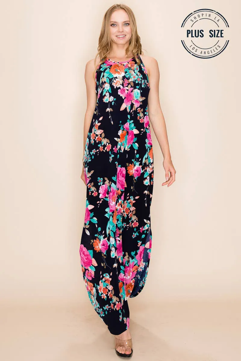 PLUS FLORAL SUMMER SLEEVELESS MAXI DRESS: NAVY-ORANGE