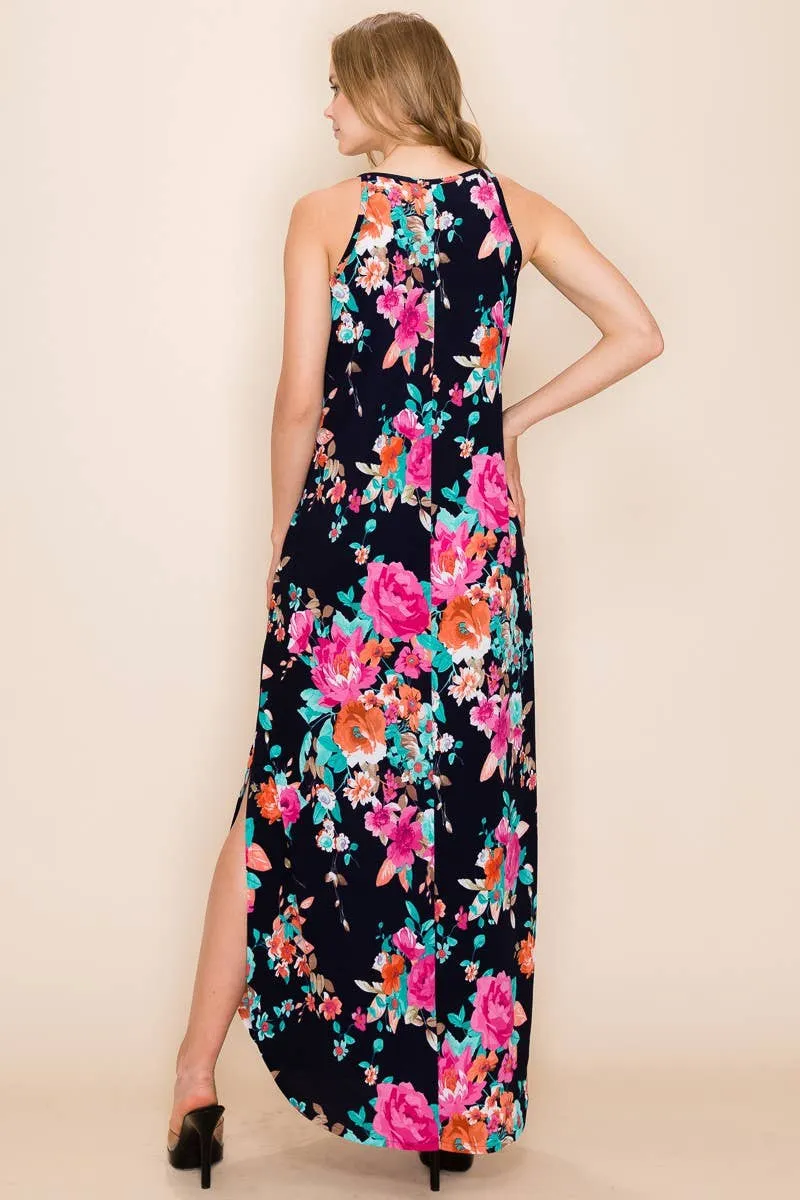PLUS FLORAL SUMMER SLEEVELESS MAXI DRESS: NAVY-ORANGE