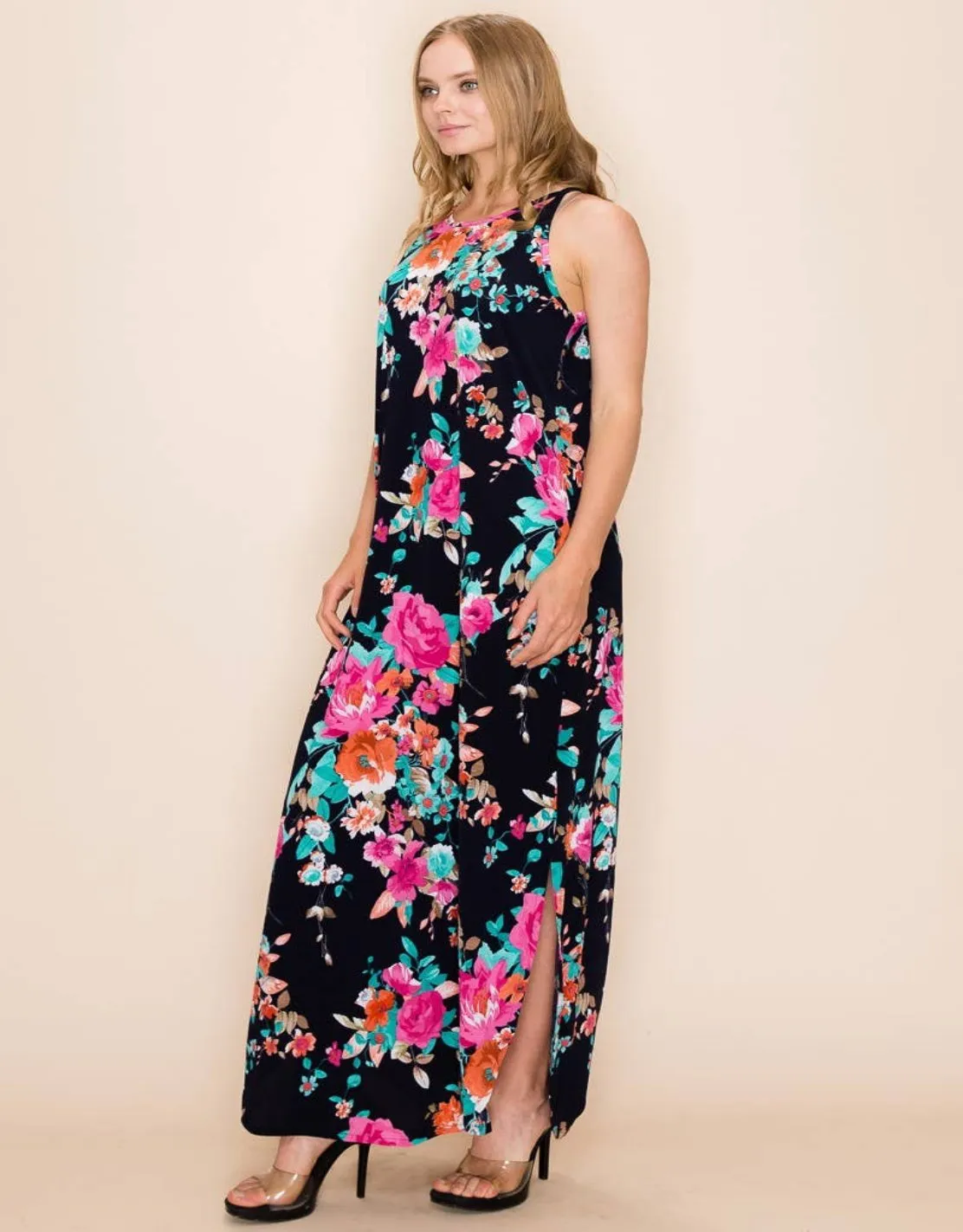 PLUS FLORAL SUMMER SLEEVELESS MAXI DRESS: NAVY-ORANGE