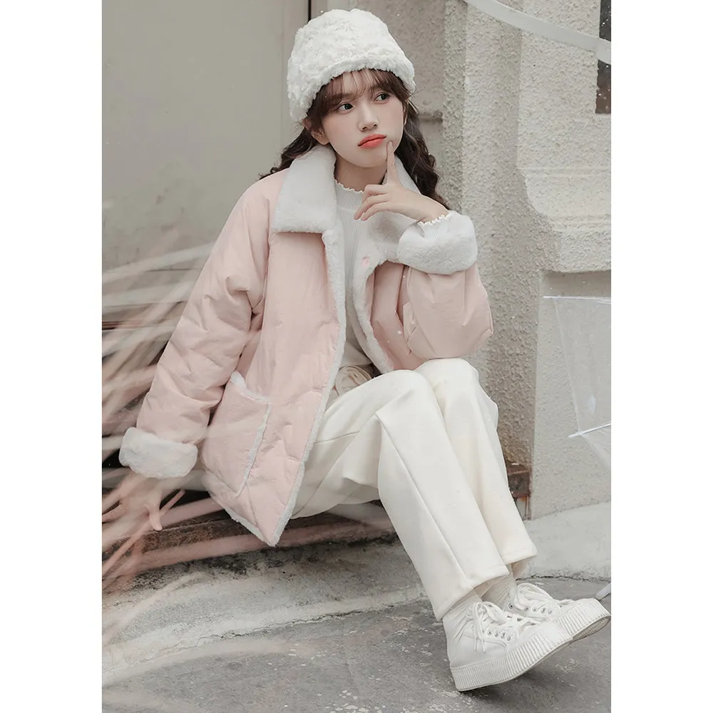 Thickened Pink Short Cotton Padded Coat for Autumn Winter